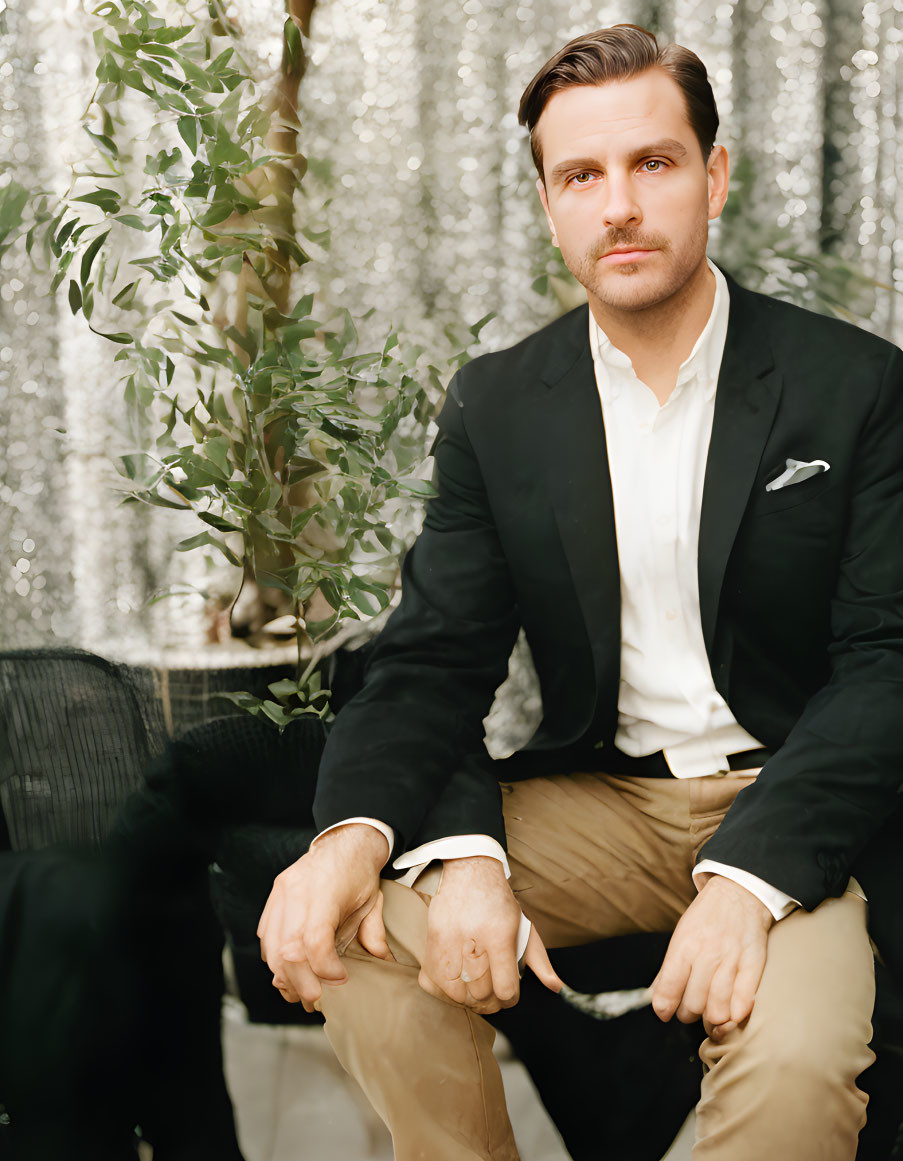 Man in Black Blazer and Khaki Trousers Against Silver Sequin Backdrop