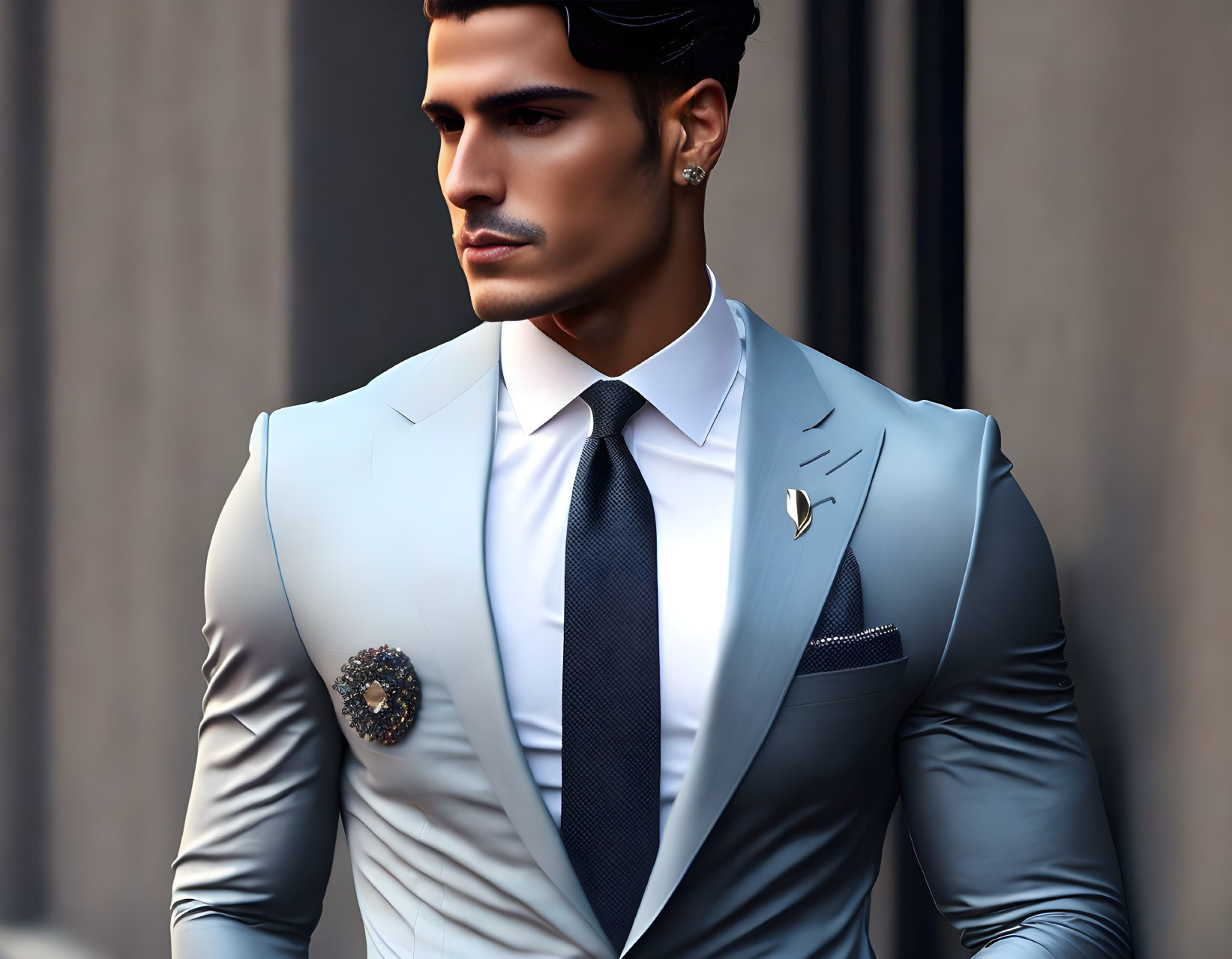 Stylized digital artwork of a confident man in a sharp blue suit