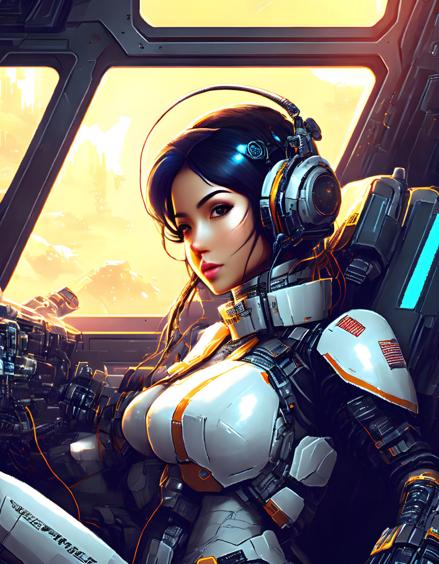 Female warrior in futuristic armor with glowing visor gazes at cityscape from spacecraft window