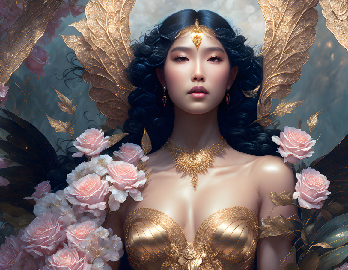 Ethereal figure with golden wings and pink roses