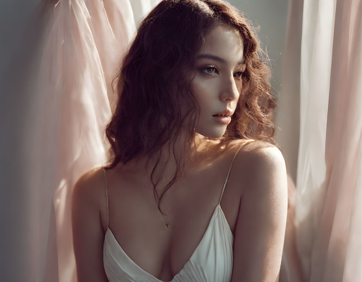 Woman in white dress under soft light with sheer fabric backdrop and delicate necklace.