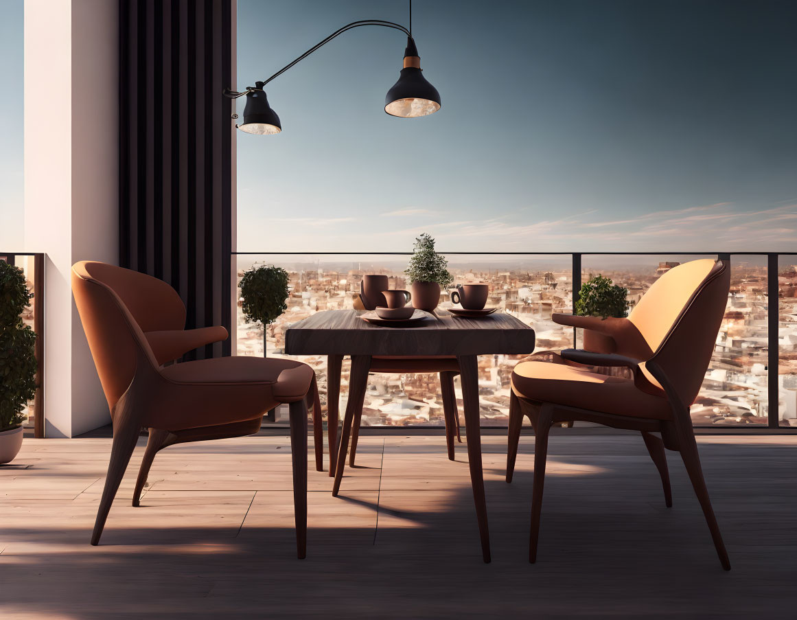 Modern balcony with wooden table, chairs, city view, warm lighting, and floor lamp