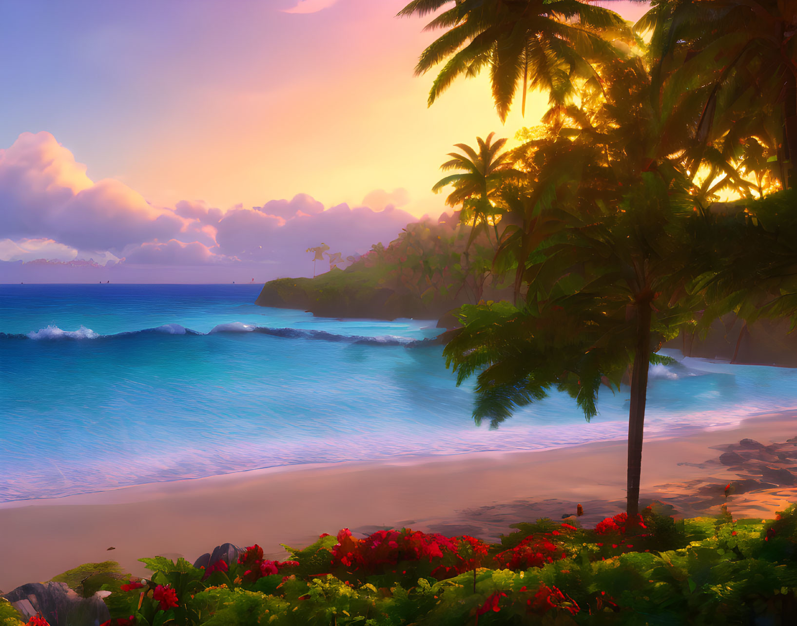 Scenic Tropical Beach Sunset with Palm Trees and Flowers