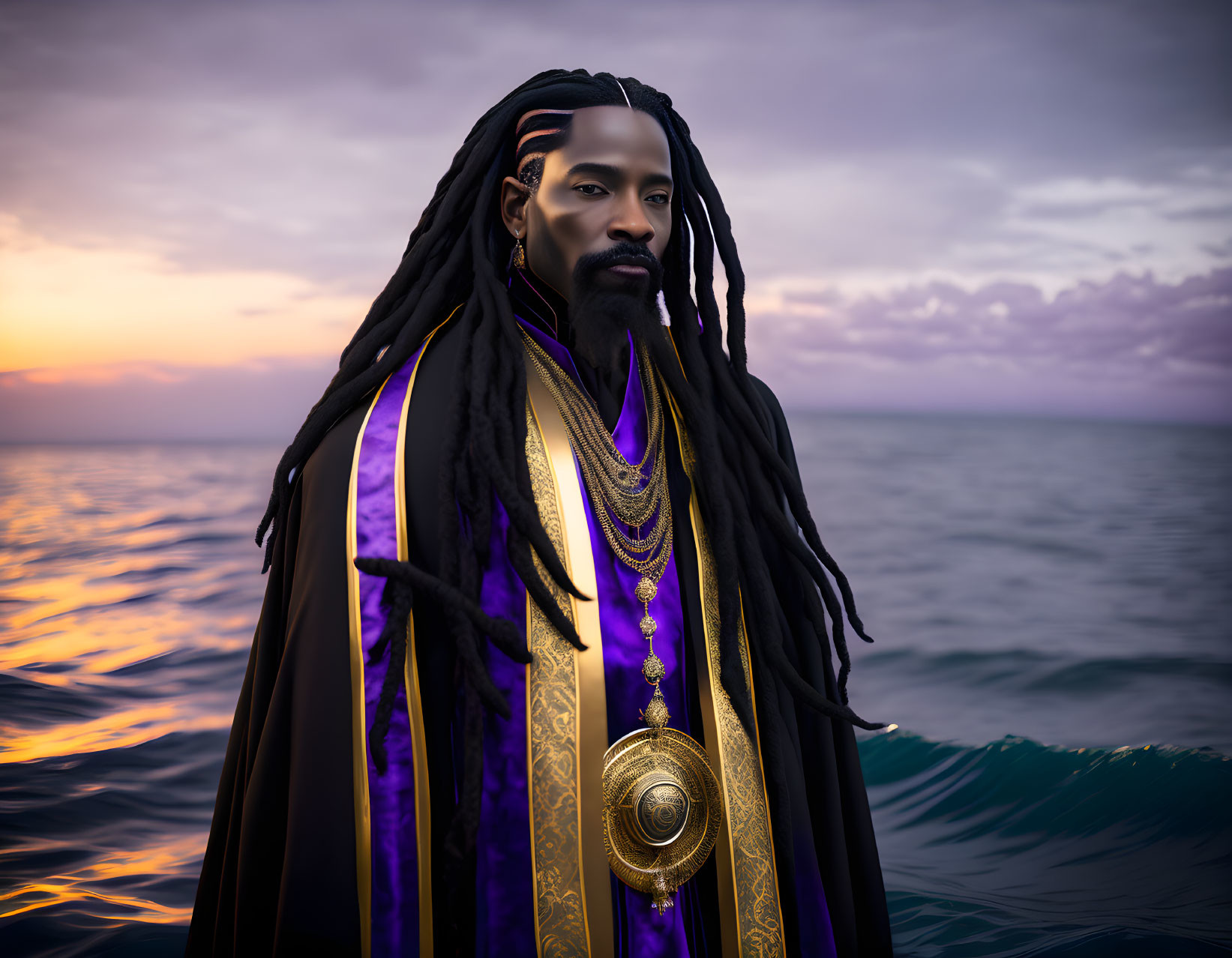 Majestic figure with dreadlocks in purple cloak at ocean sunset