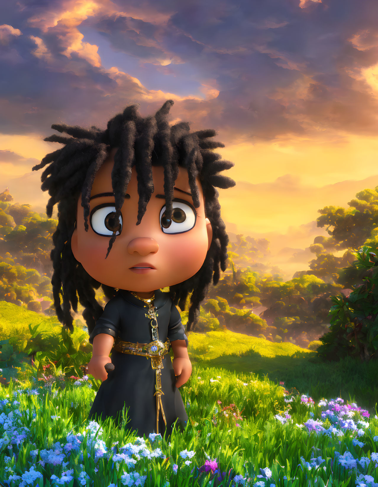 Animated character with dreadlocks in vibrant meadow at sunset holding golden key