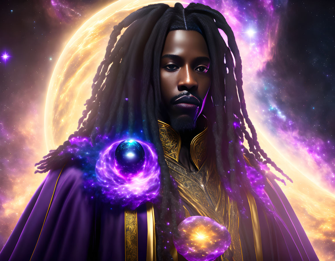 Regal figure with dreadlocks holding glowing orb in cosmic setting