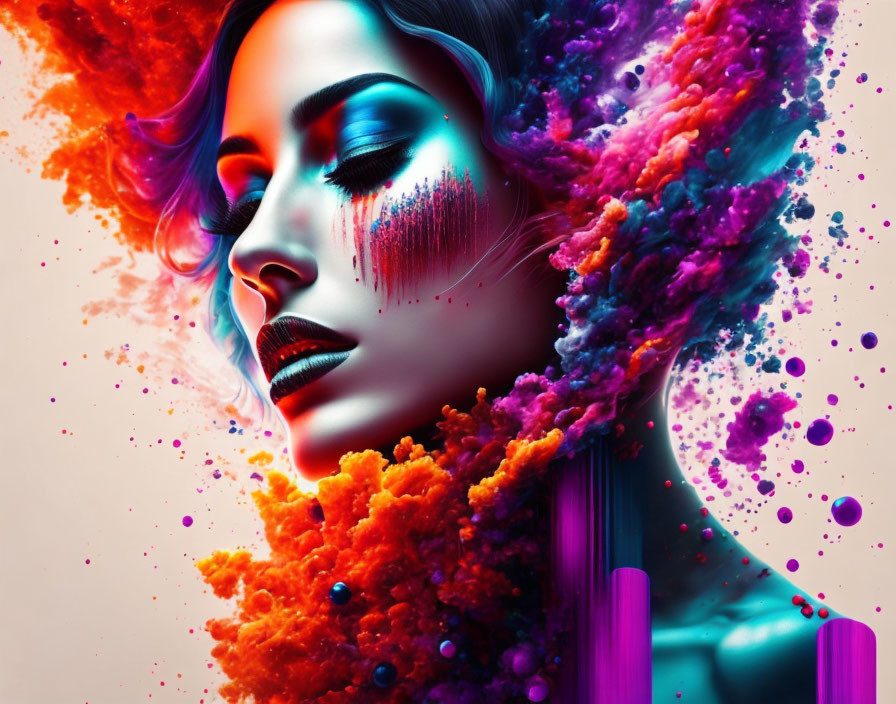 Colorful Cosmic Dust Paint Splatters Woman's Profile Portrait