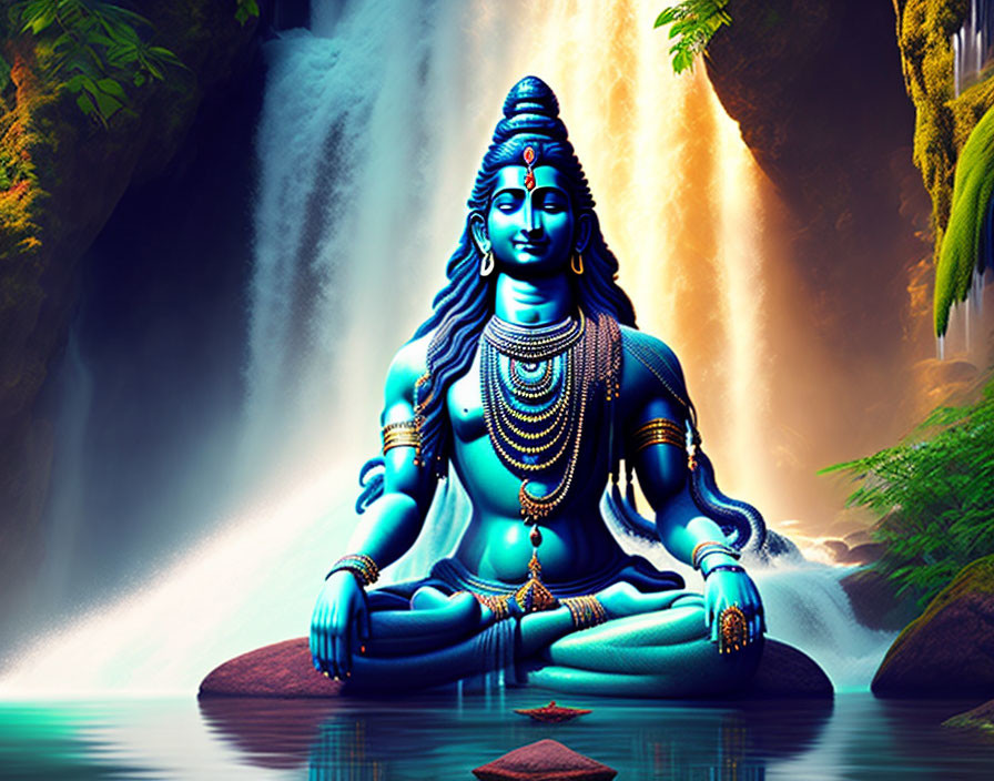 Blue deity with multiple arms meditating by a waterfall in lush greenery