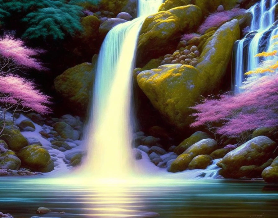 Tranquil waterfall over mossy rocks with pink foliage trees