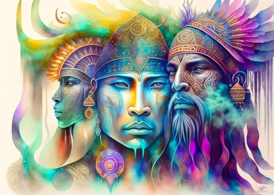 Vibrant artwork featuring three mystical faces with tribal adornments.