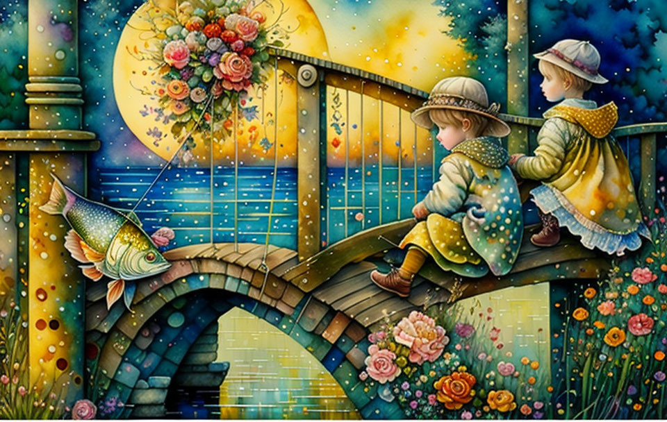 Children in yellow outfits on whimsical bridge under starry sky with leaping fish, vibrant flowers,