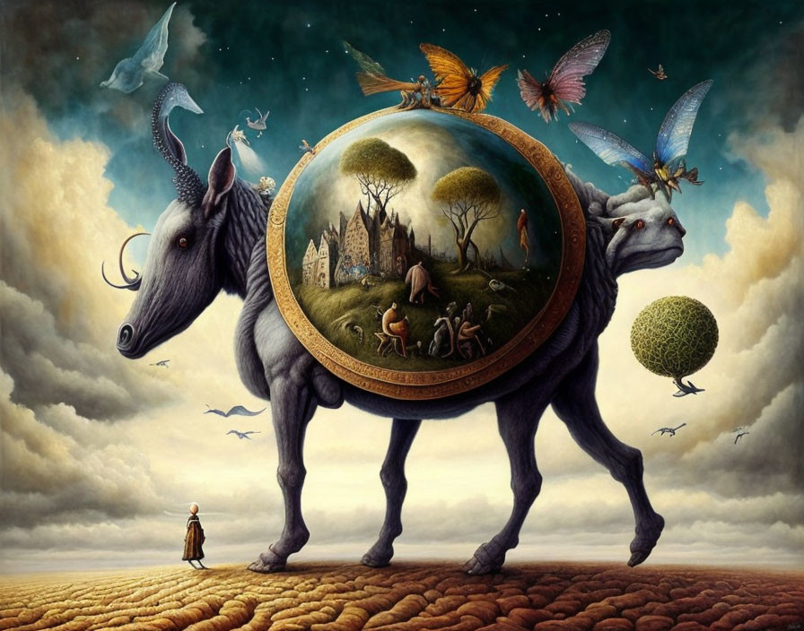 Surreal artwork: bull carrying terrarium world with figures inside