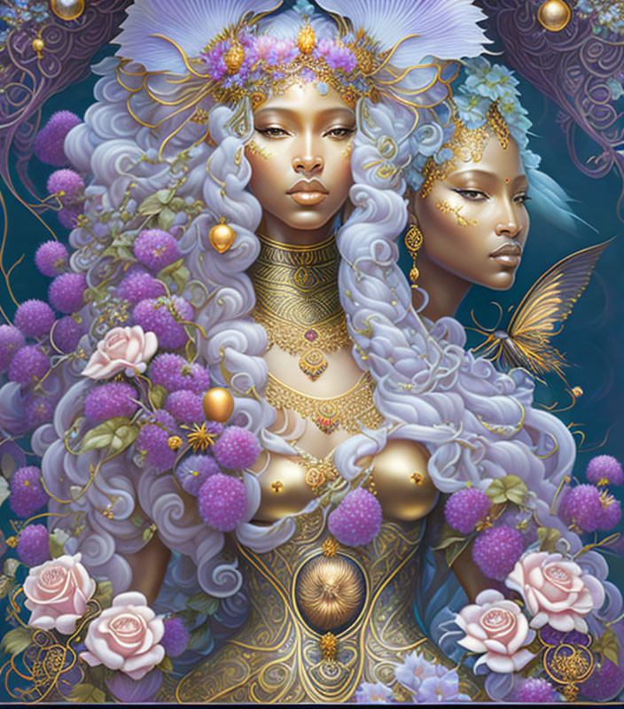 Detailed illustration of two ethereal women with golden jewelry, surrounded by purple florals and butterfly motif