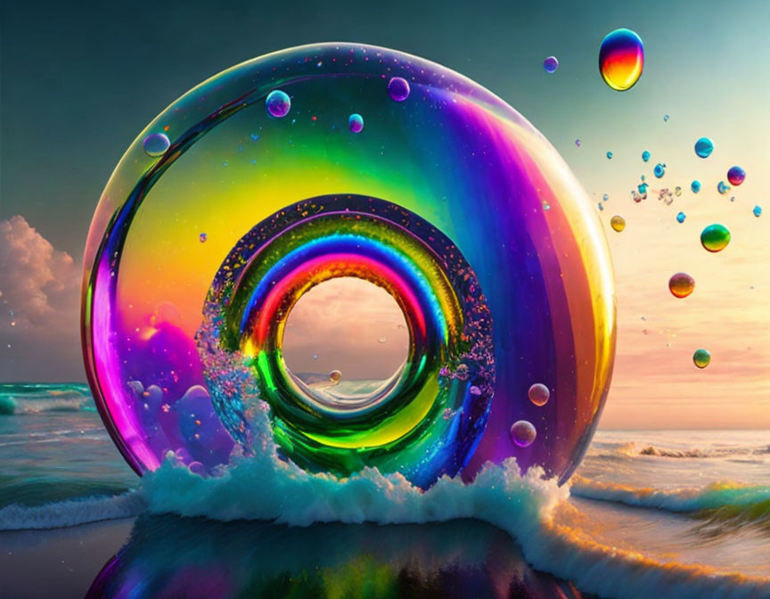 Iridescent bubble on beach with smaller bubbles and vibrant sunset