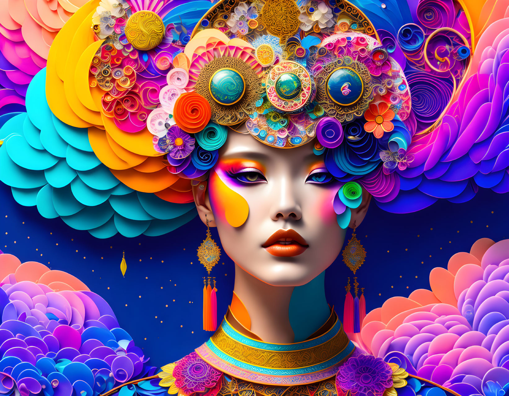 Colorful digital artwork: Woman with elaborate headdress in fantastical setting