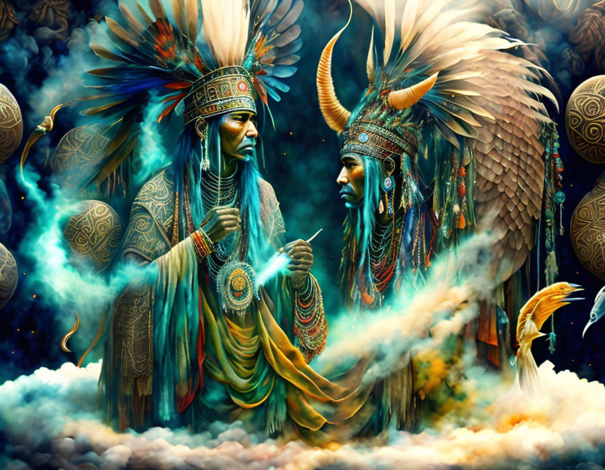 Stylized Native American figures with feather headdresses in mystical setting