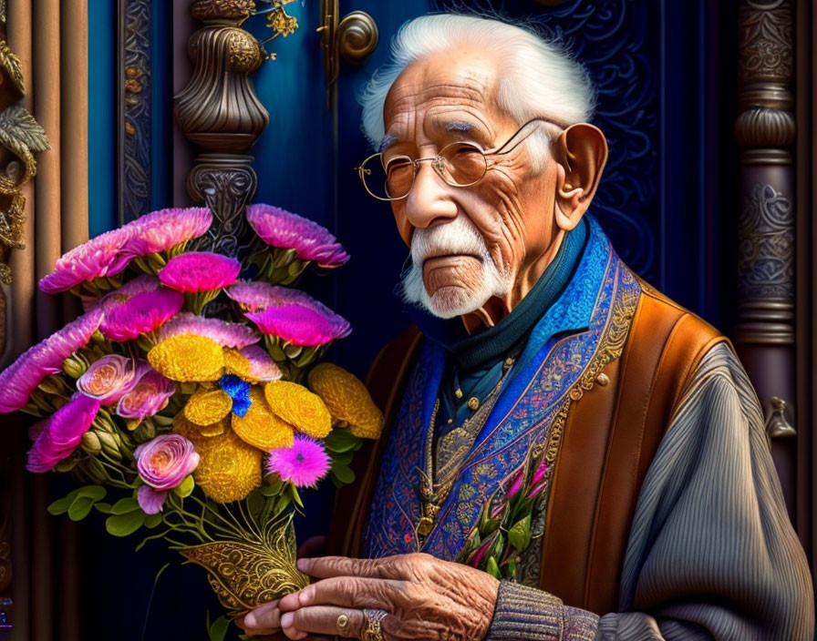 Elderly man with white hair and mustache holding flowers by ornate door