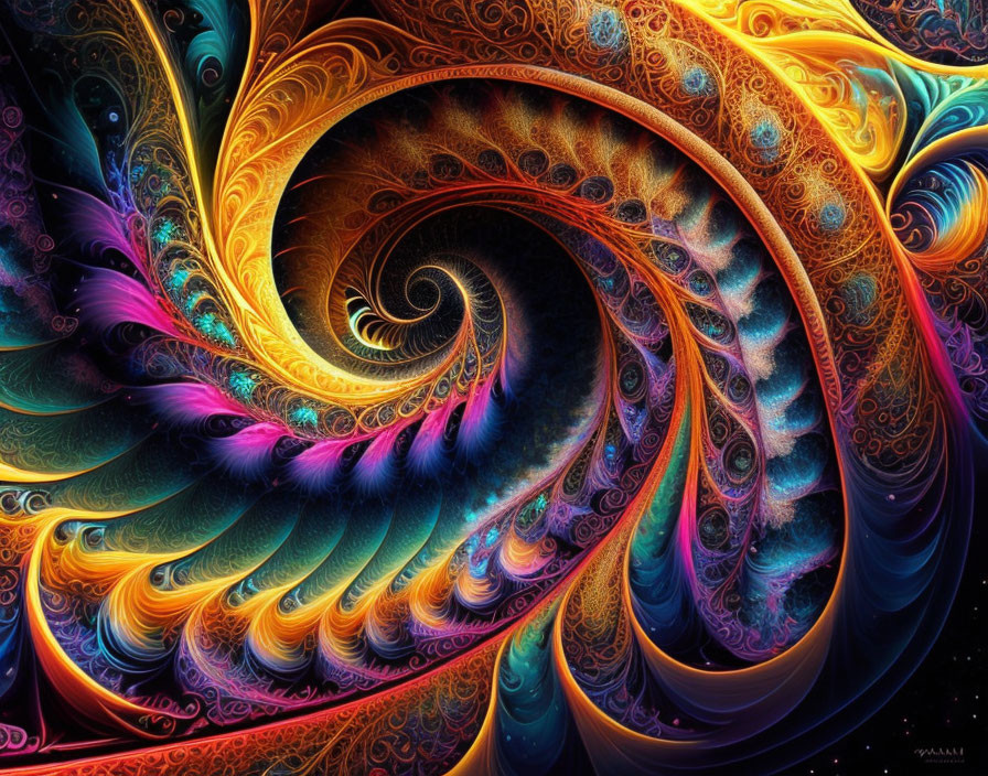 Colorful fractal image with intricate swirling patterns in blues, oranges, and purples