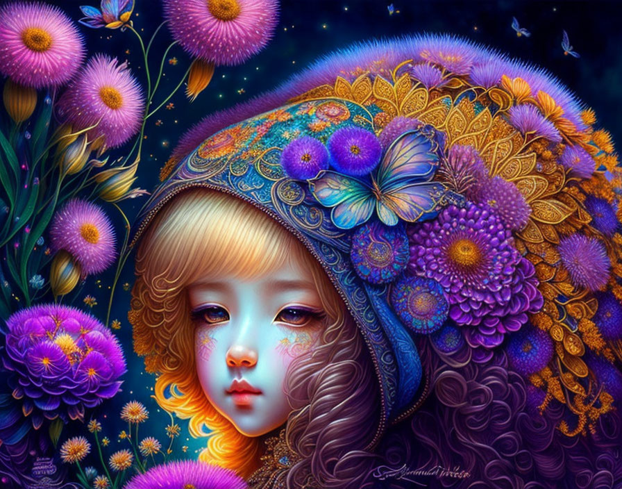 Vivid illustration of girl with golden hair and floral headdress on night-time backdrop