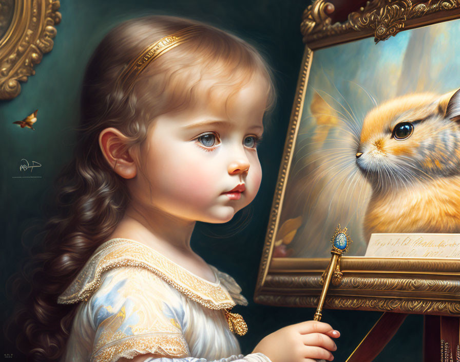 Curly-haired girl painting orange cat with butterfly in background