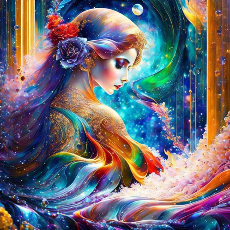 Colorful digital artwork: Woman with flowing hair and floral adornment in cosmic setting