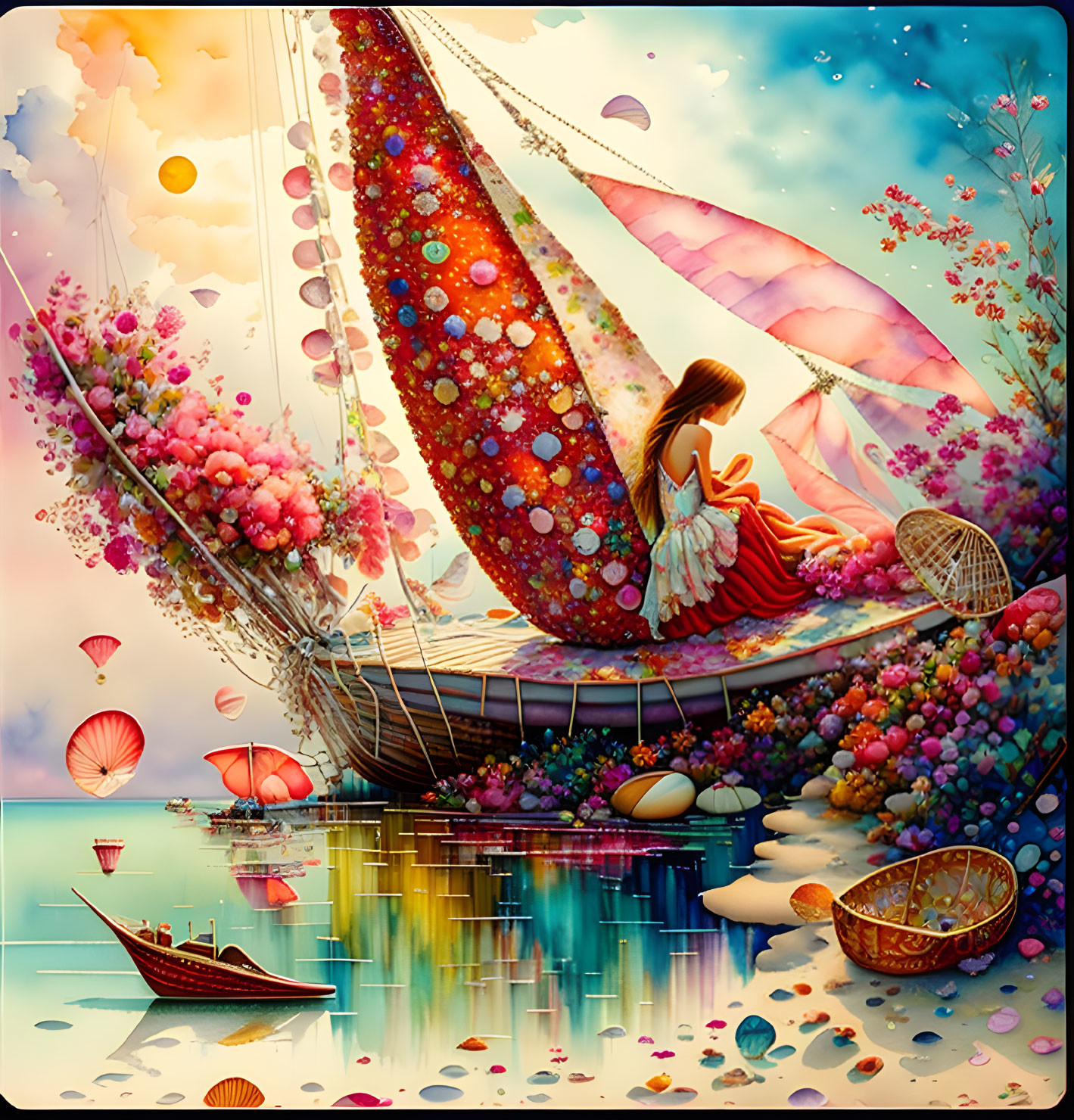 Colorful Flower-Adorned Boat in Vibrant Fantasy Seascape