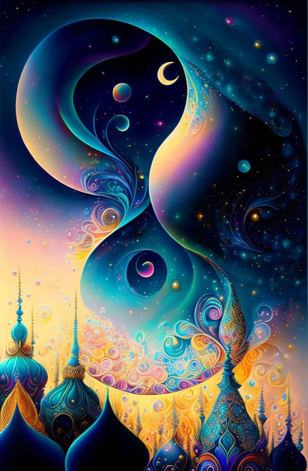 Abstract digital artwork: Vibrant cosmic ocean with ornate celestial motifs