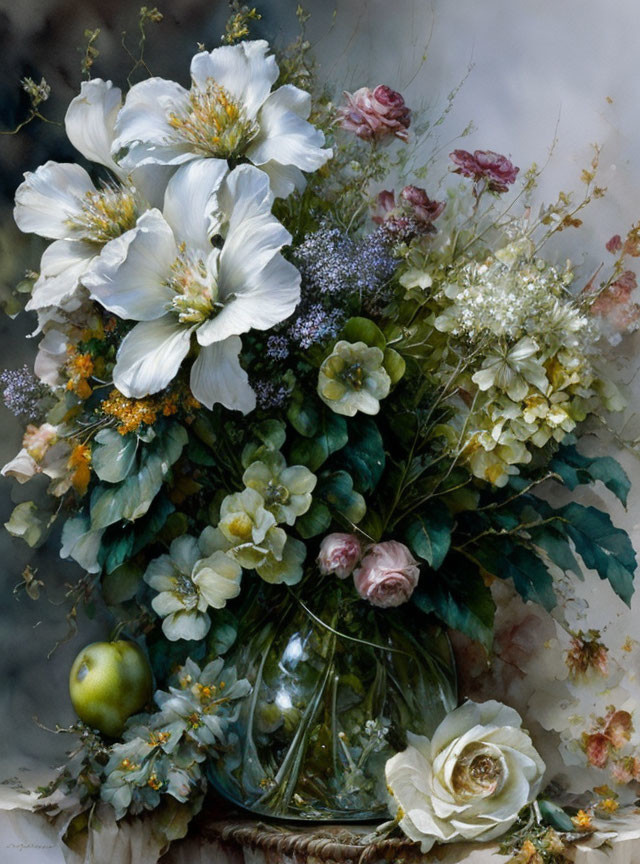 Lush bouquet with white and pink flowers in glass vase next to apple