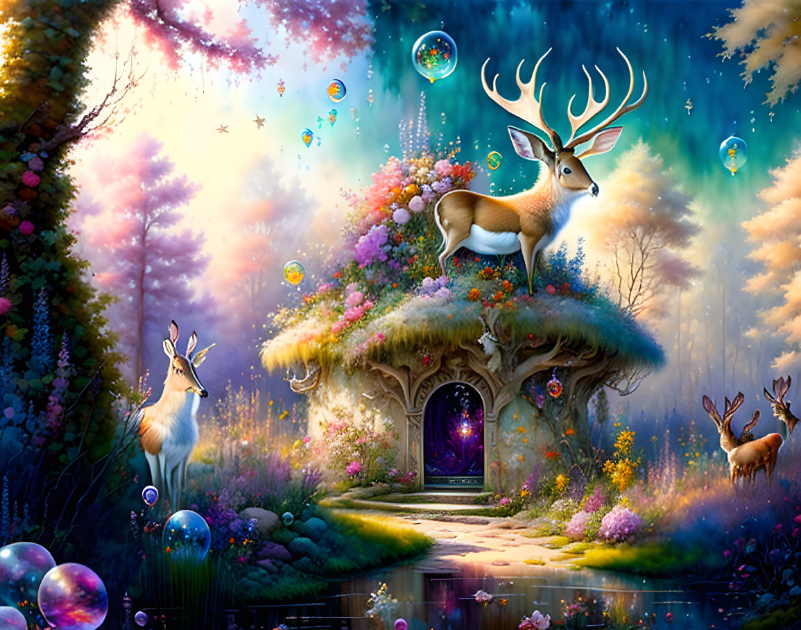 Mystical deer on flowering hill with arched doorway and colorful trees