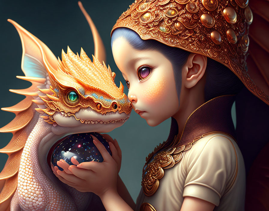 Young girl in ornate attire gazes at golden dragon with cosmic orb.