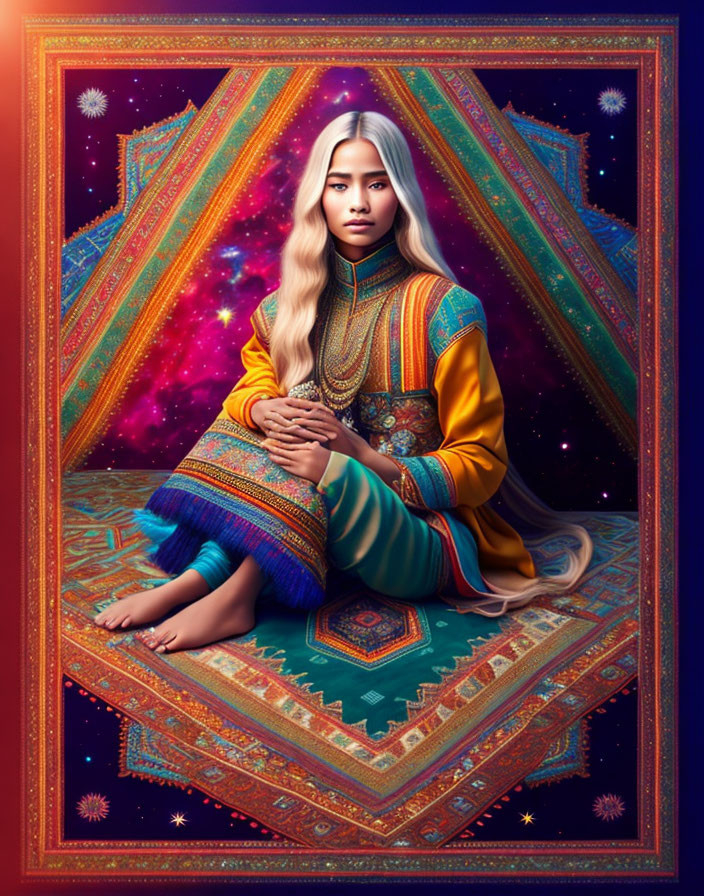 Traditional Attire Figure Meditating on Cosmic Background