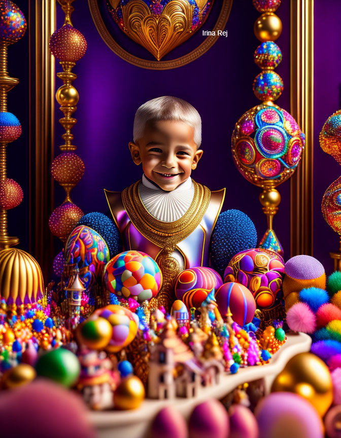 Colorful spheres and eggs with a joyful child on purple background