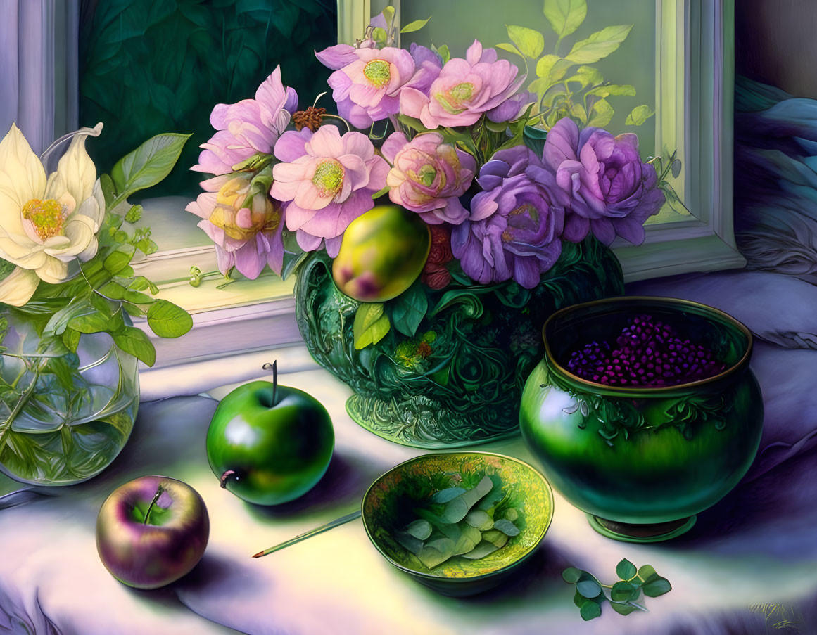 Colorful Still Life Painting with Flowers, Fruits, and Leaves on Table