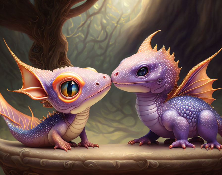 Whimsical dragons with large eyes in vibrant purples and oranges in forest setting