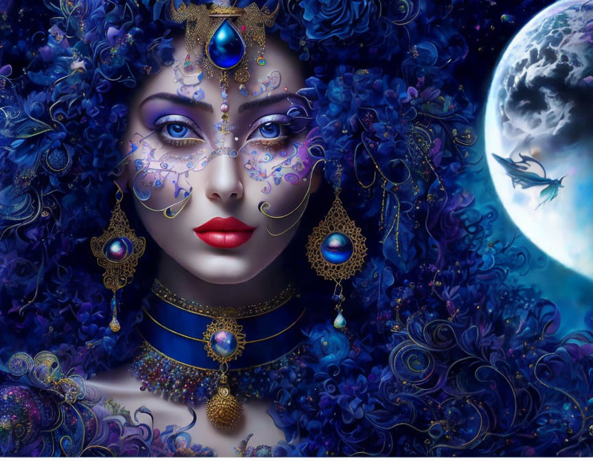 Intricate blue and gold jewelry on fantastical woman with face paint, surrounded by blossoms,