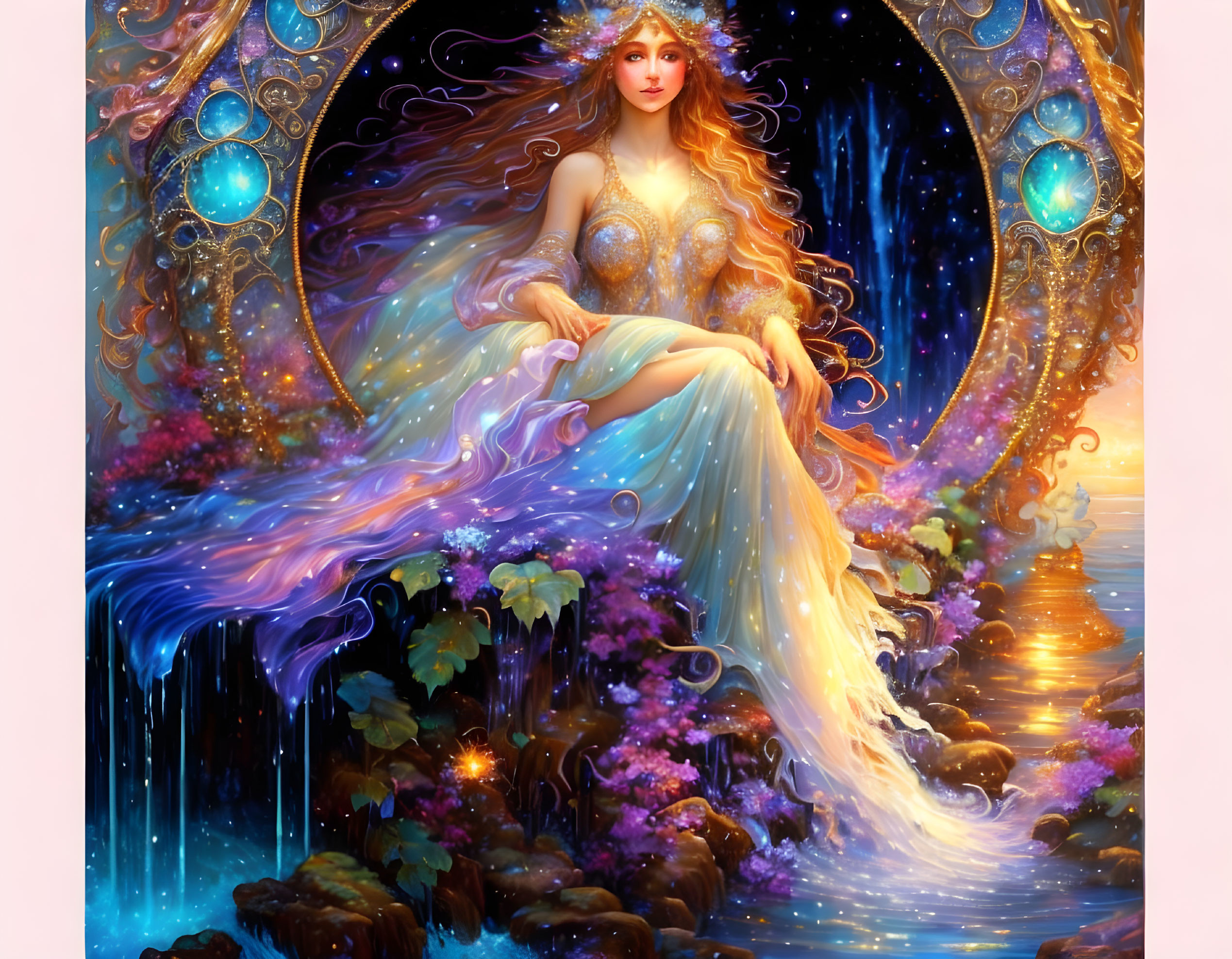Mystical woman in flowing gown under starry archway amid colorful landscape