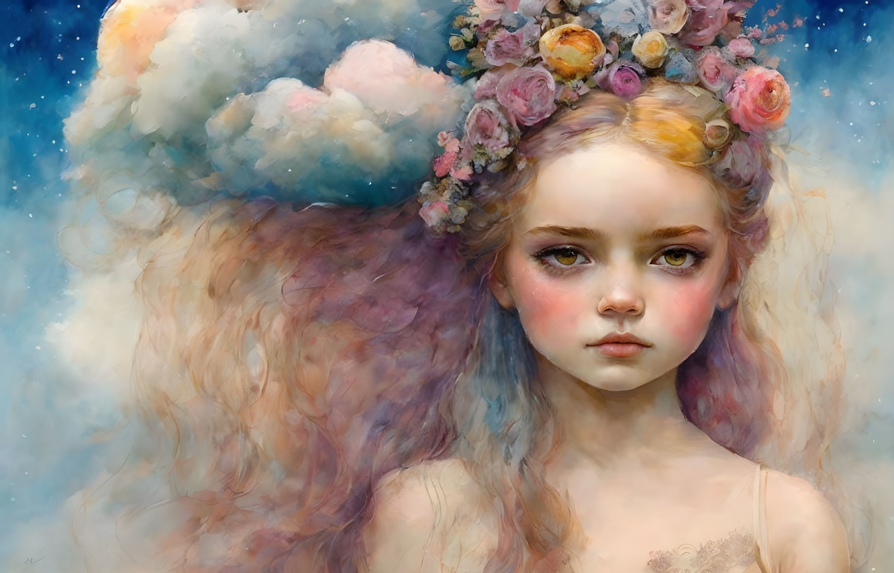 Young girl with floral crown in dreamlike painting