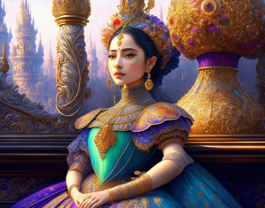 Regal woman in colorful attire with gold against fantasy castle.