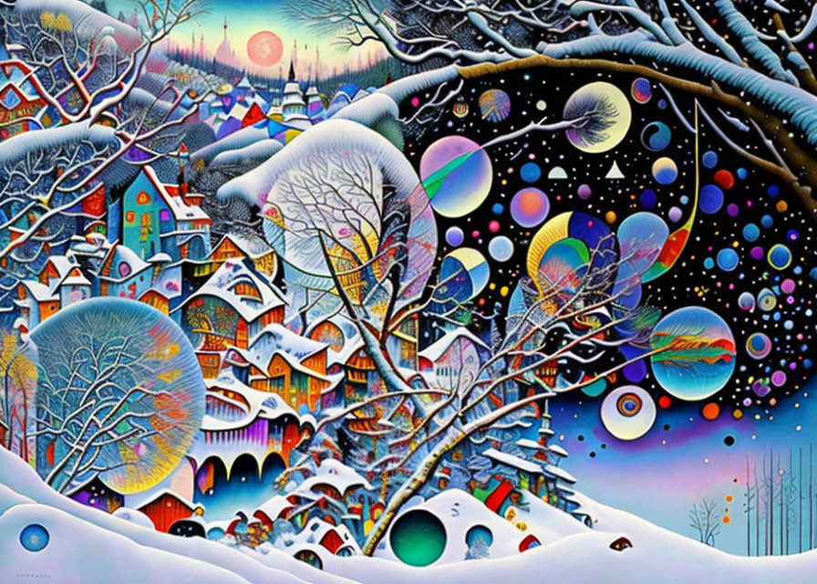 Colorful Winter Scene with Snow-covered Trees and Celestial Sky