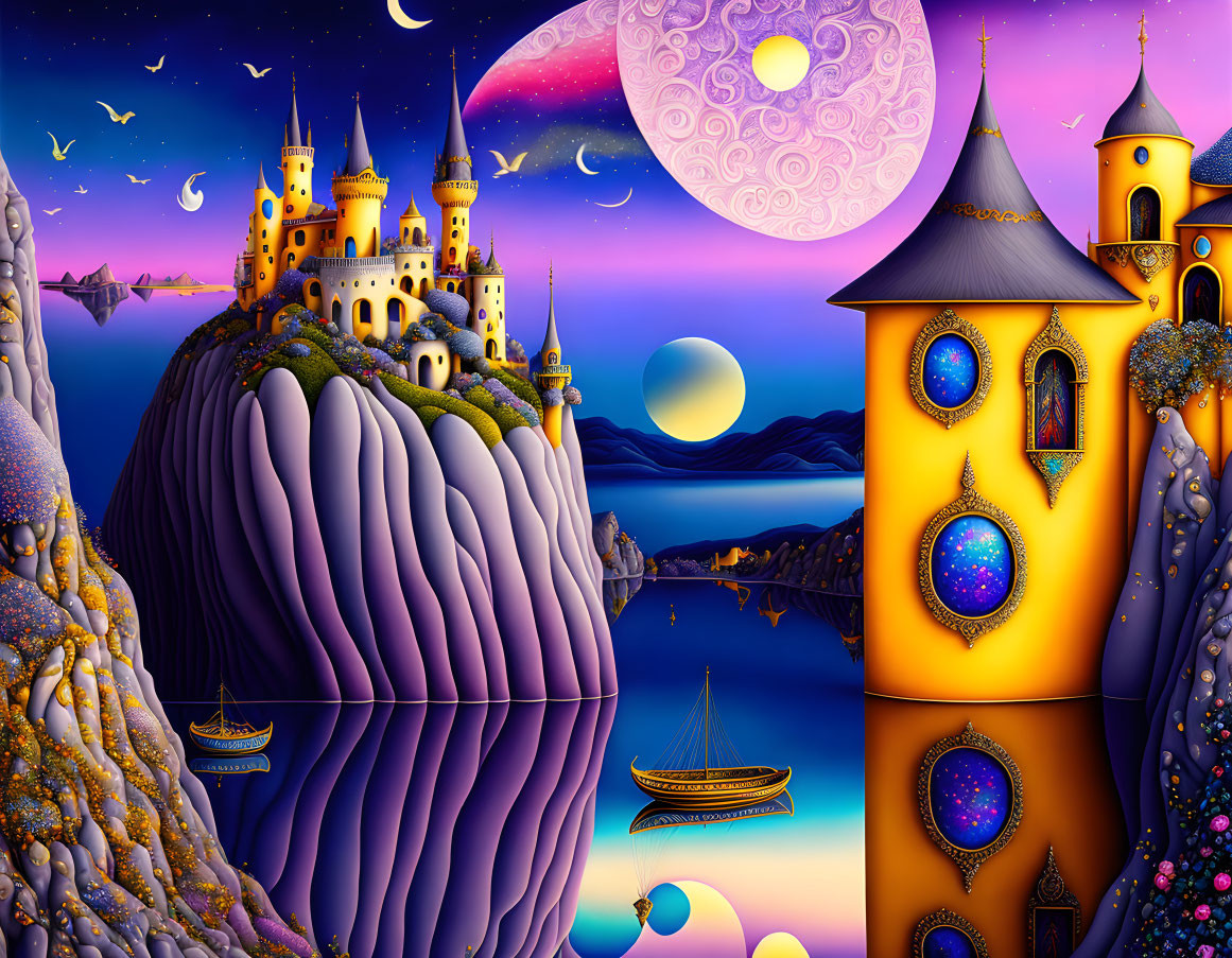 Fantasy landscape with castles, moonlit sky, sailing boats, and celestial backdrop