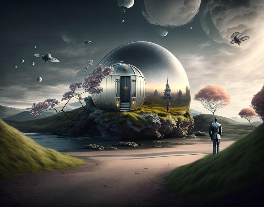 Person in suit with surreal spherical structure, cherry blossoms, floating islands, and oversized bees under dramatic