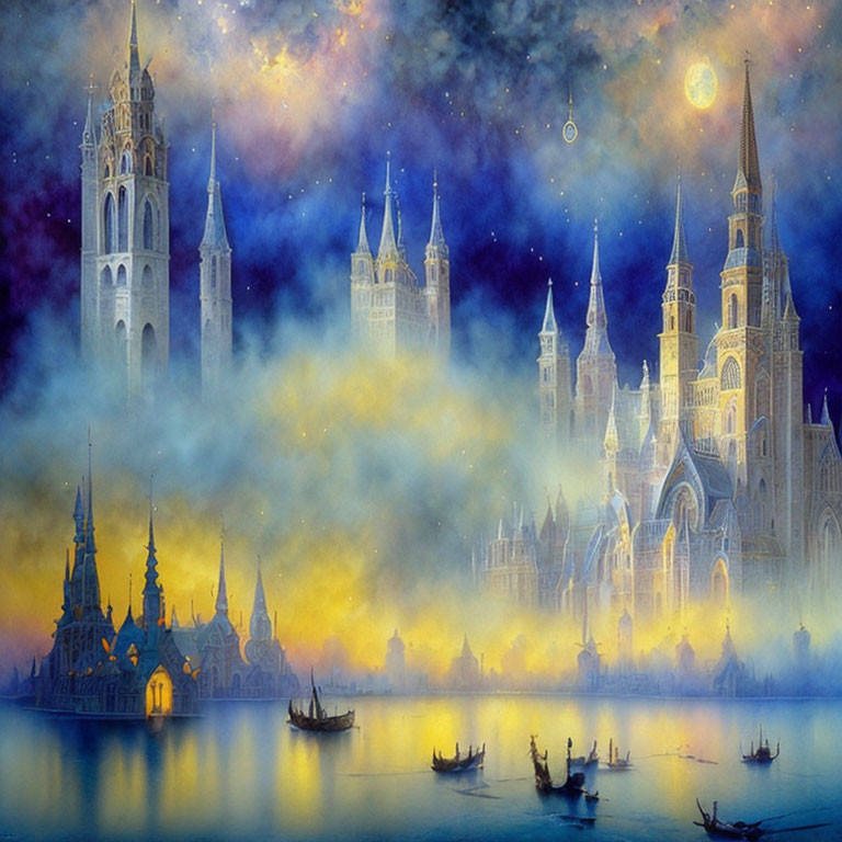 Moonlit cityscape with towering spires and tranquil waters