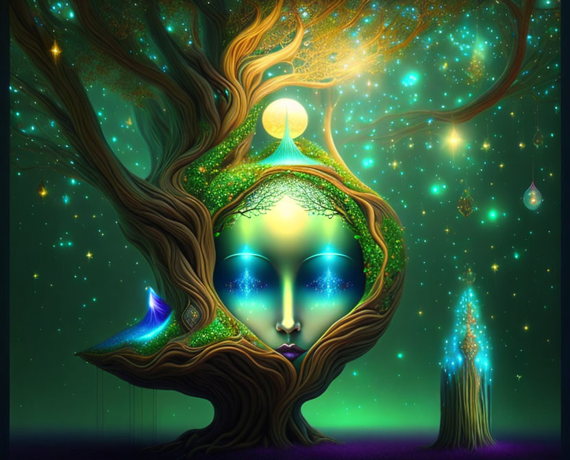 Stylized face integrated into a tree with magical elements in enchanted forest