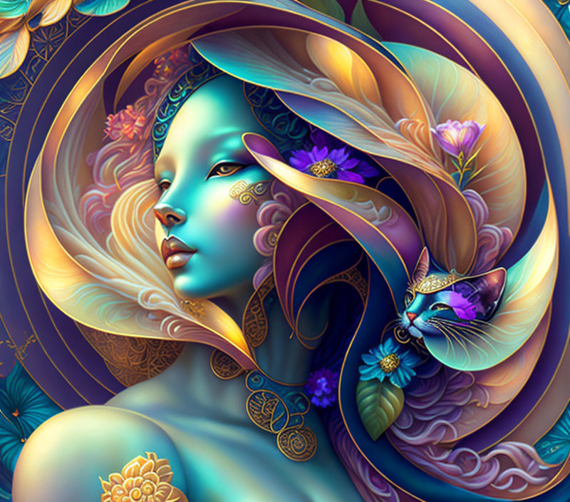 Vibrant illustration of blue-skinned woman with swirling patterns and flowers, accompanied by a purple cat