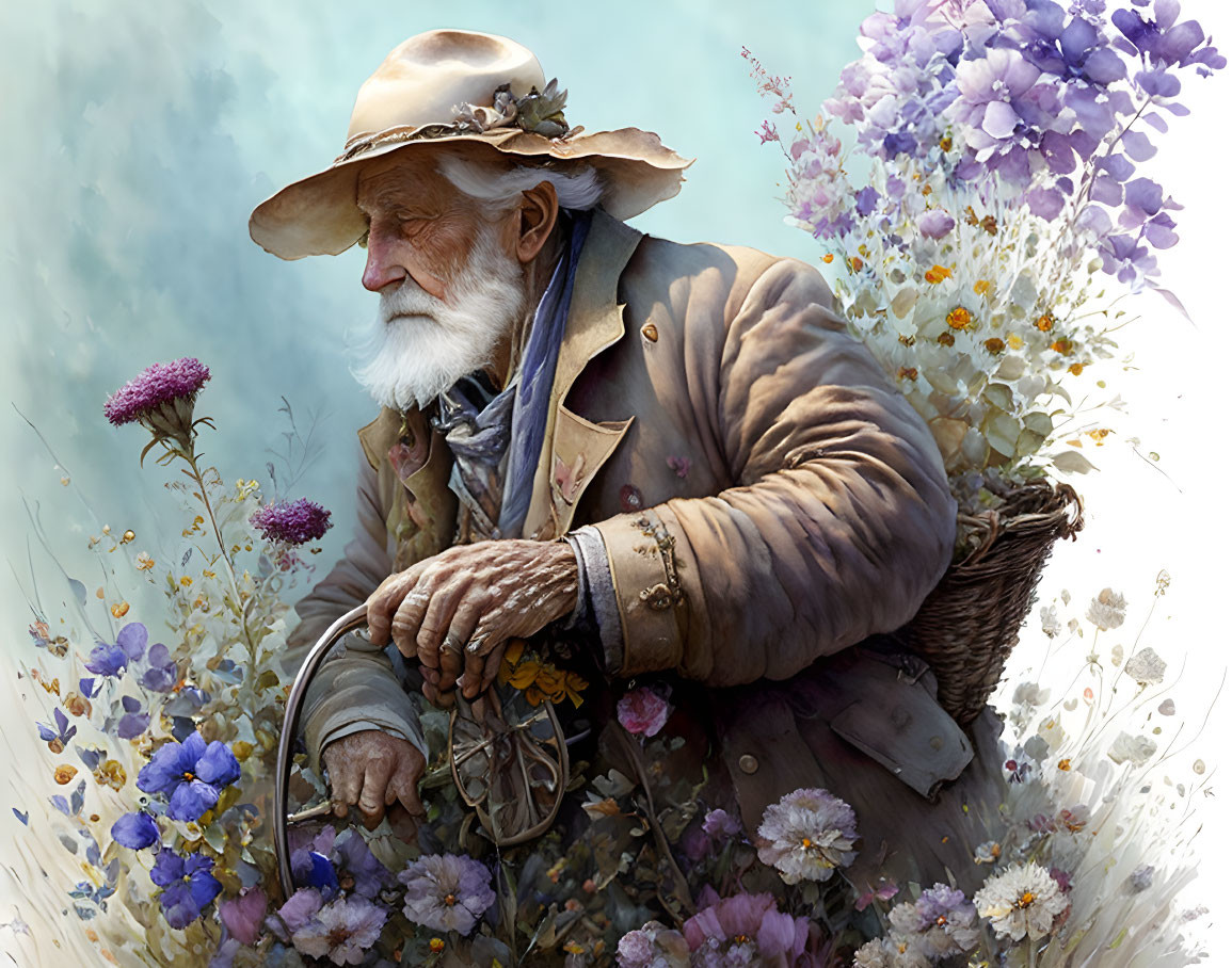 Elderly man with white beard sitting among blooming flowers