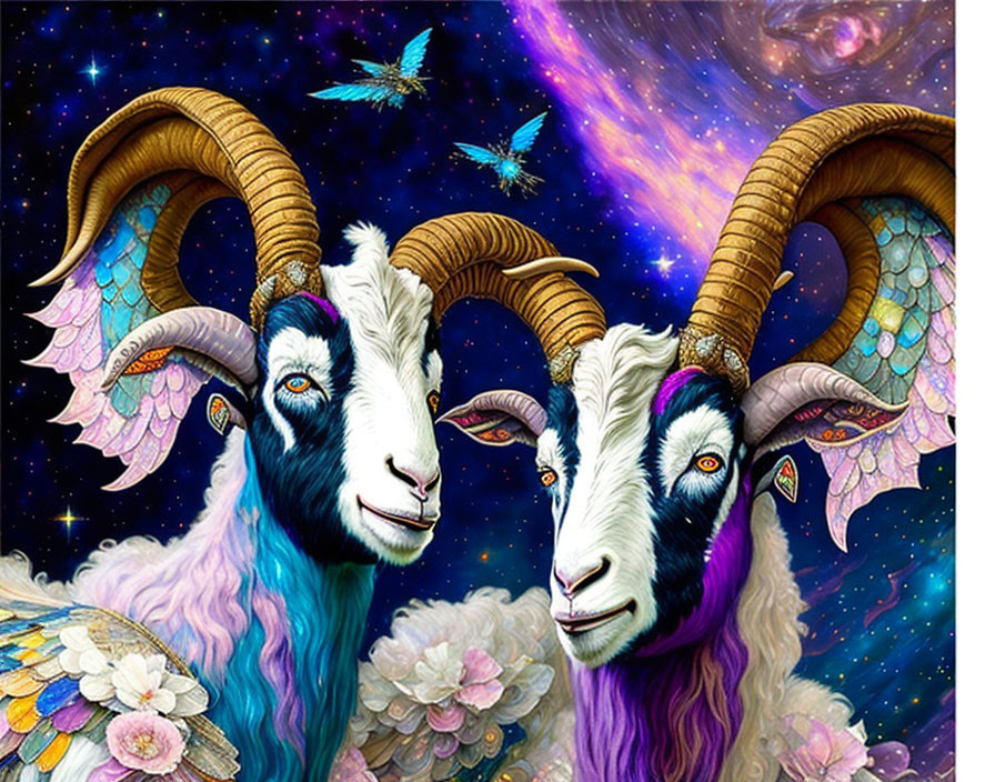 Colorful mythical winged goats in starry night with butterflies