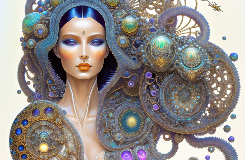 Blue-skinned woman with ornate headdress in fantasy artwork.