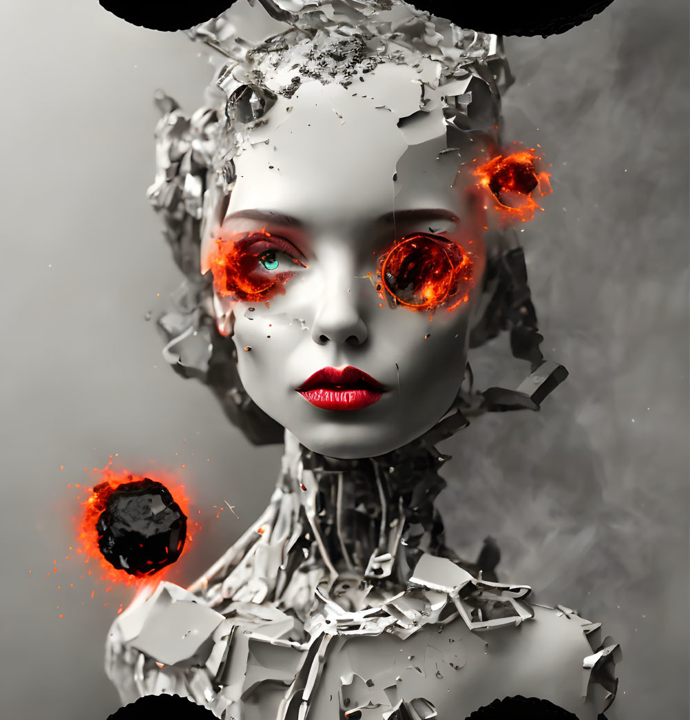 Surreal digital artwork: Fragmented metallic figure with glowing red eyes amid swirling embers