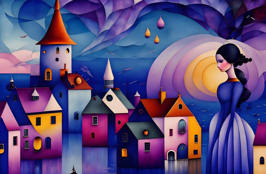 Colorful surreal artwork: Woman gazes at vibrant town with whimsical architecture