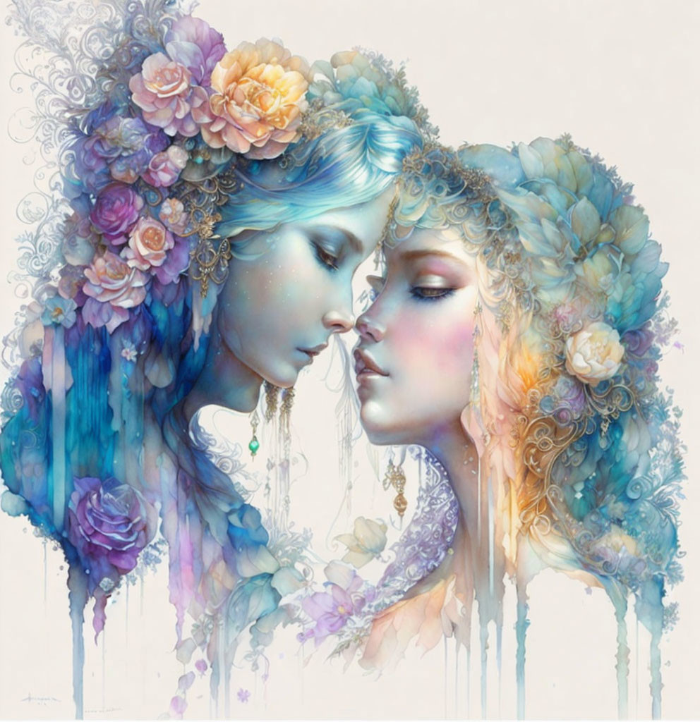 Stylized ethereal female figures with intricate floral hair in pastel hues